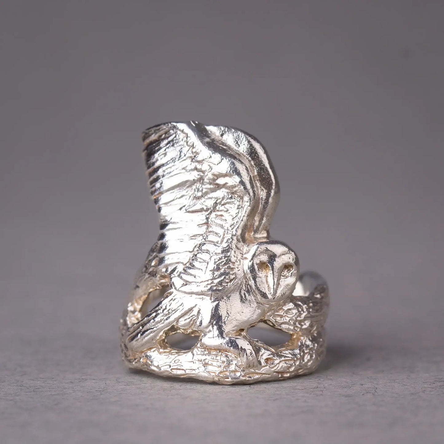 Sterling silver barn owl ring featuring intricate bird design, perfect for nature lovers and witchy woodland jewelry enthusiasts.