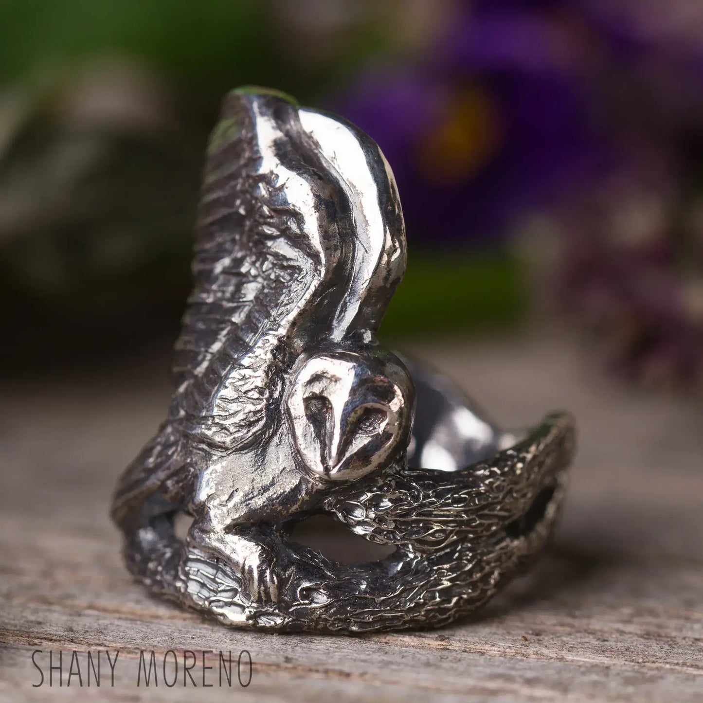 Sterling silver Barn Owl ring in broad front design, featuring large barn owl spreading wings, sitting on a branch, bird statement ring.