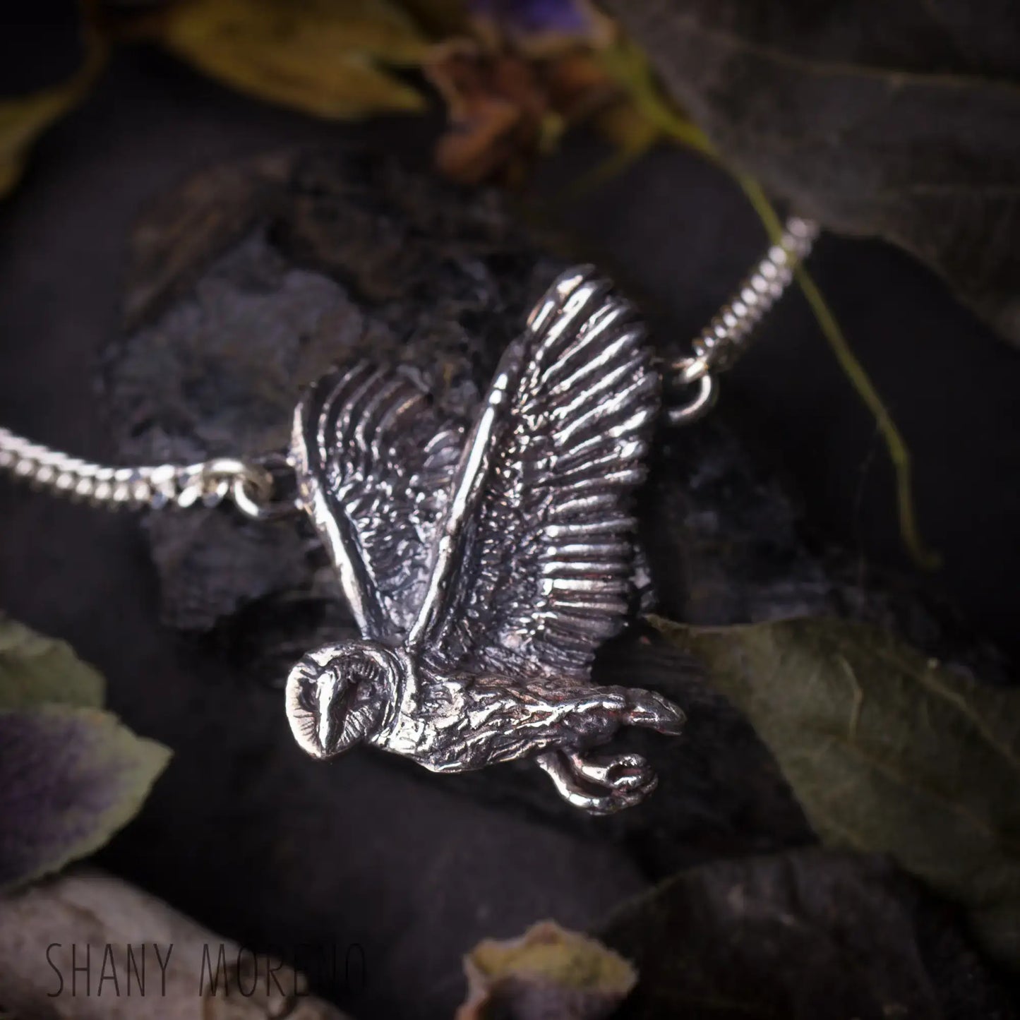 Flying Barn Owl silver pendant