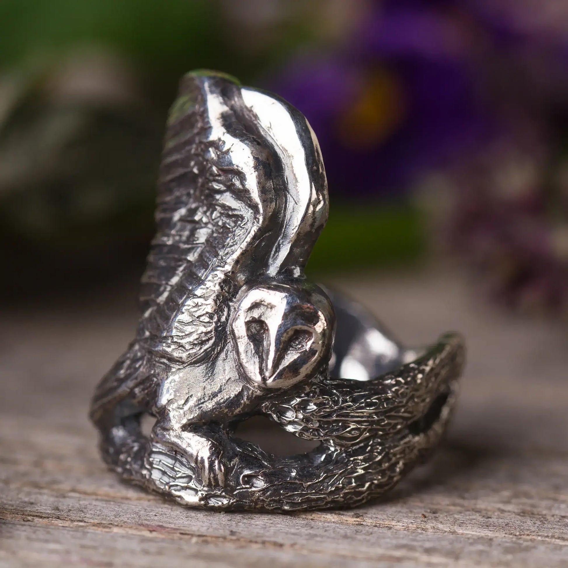 Sterling silver Barn Owl ring with wings spread, hand-carved using lost wax technique, perched on a branch, bird statement ring