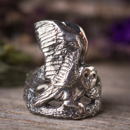 Barn Owl Ring in Sterling Silver, Bird Statement Ring with large barn owl spreading wings, hand-carved, sitting on a branch of a tree