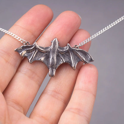 Bat Pendant Necklace Silver, Statement Fruit Bat Pendant, Flying Bat Jewelry