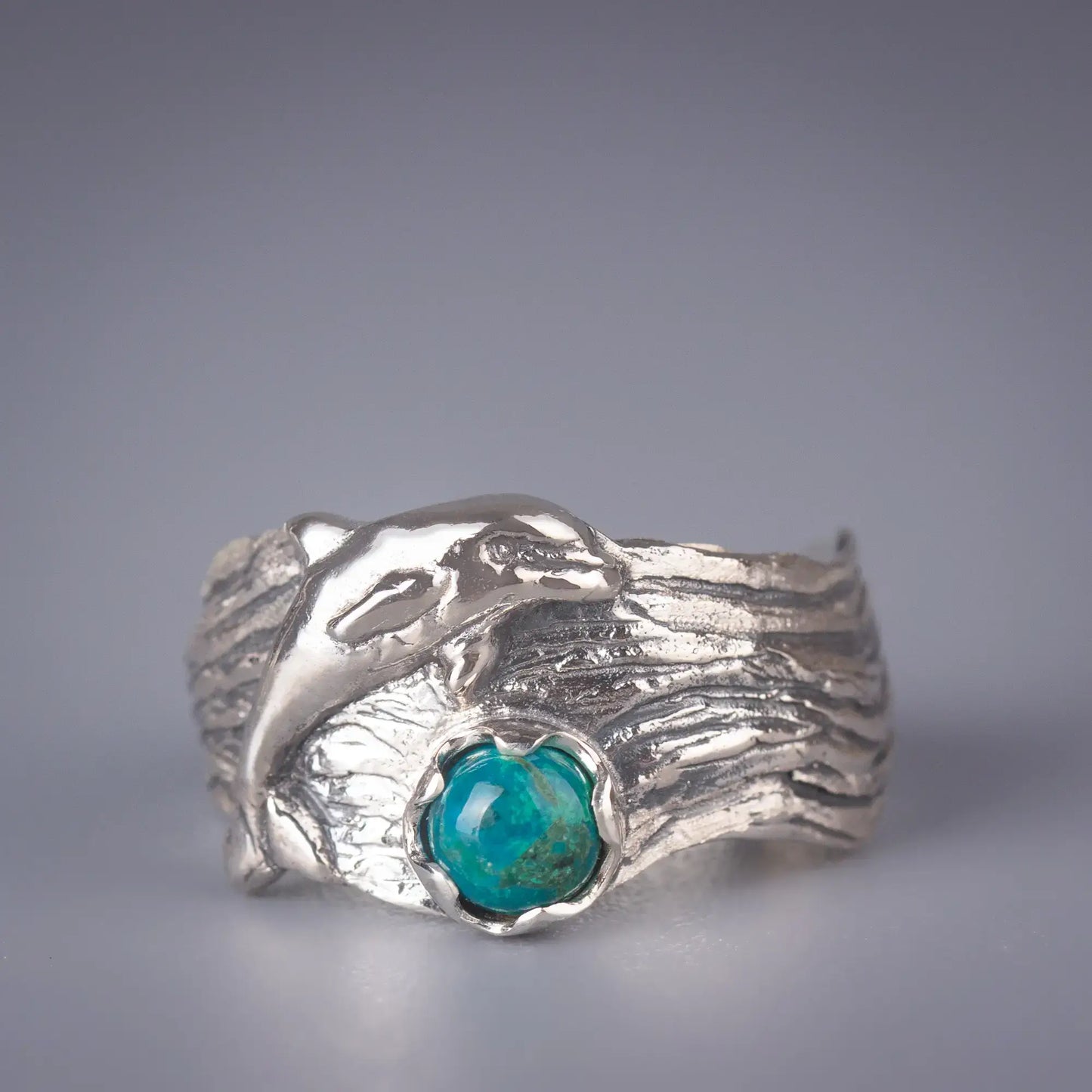 dolphin ring in silver with chrysocolla gemstone