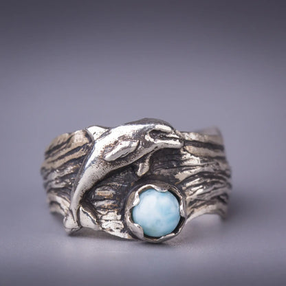 dolphin ring in silver with larimar gemstone