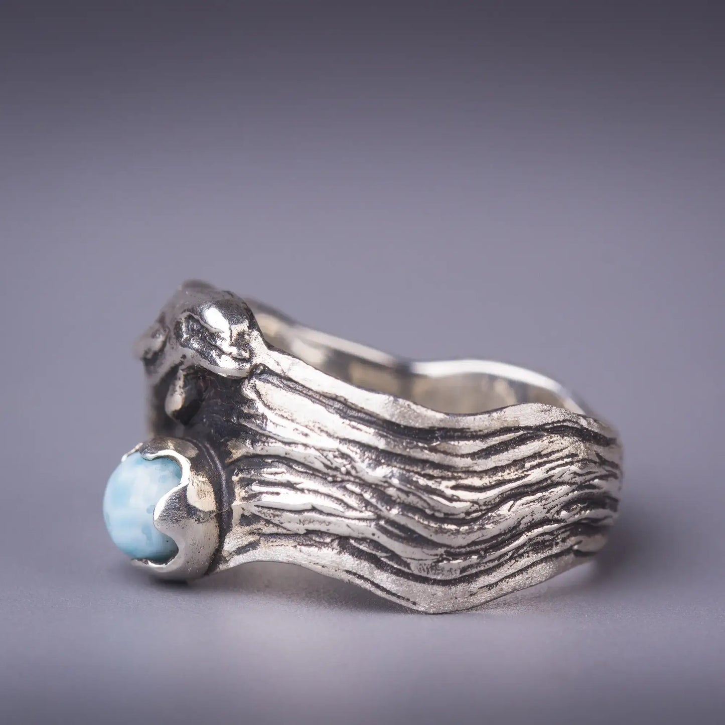 dolphin ring in silver with larimar gemstone, side view