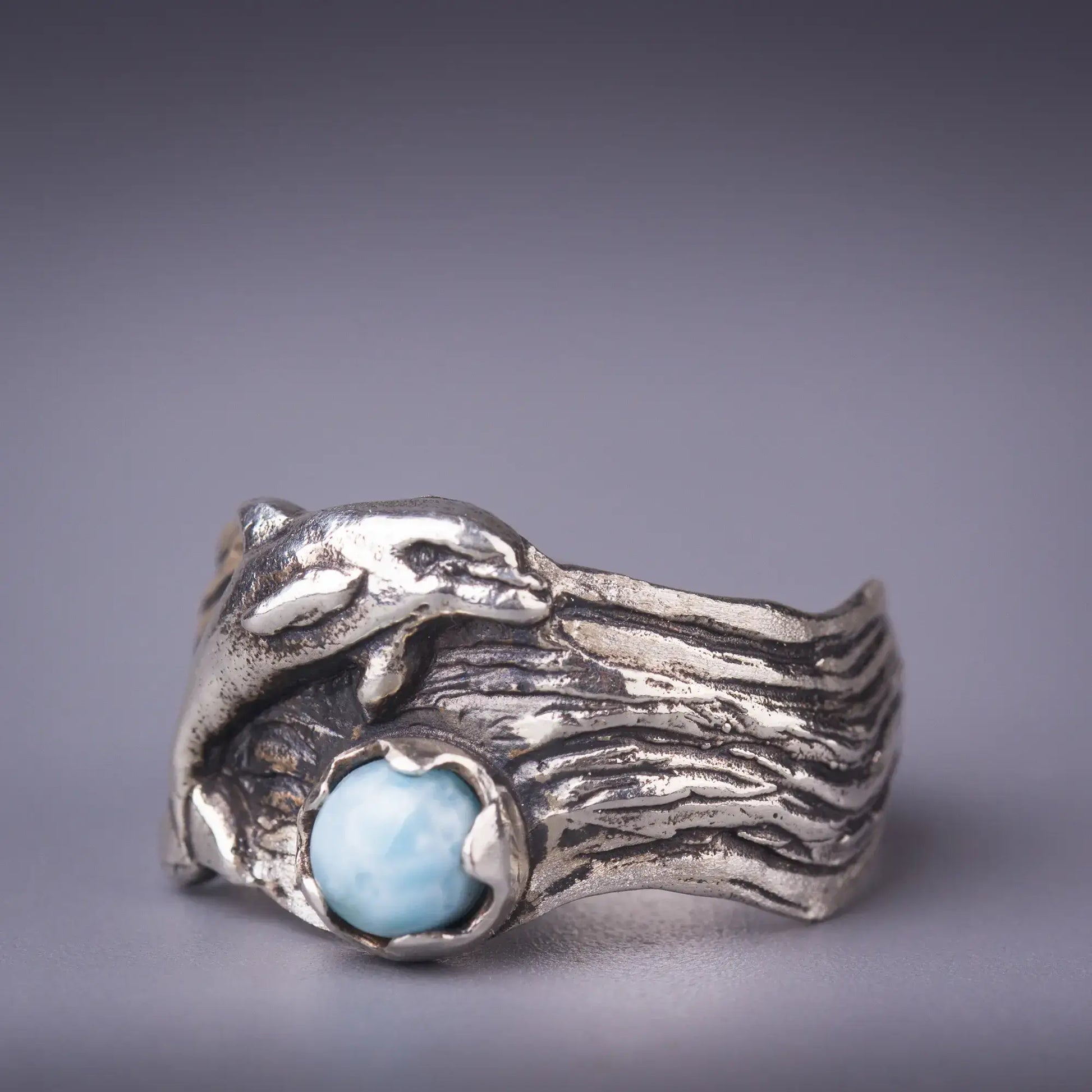 dolphin ring in silver with larimar gemstone