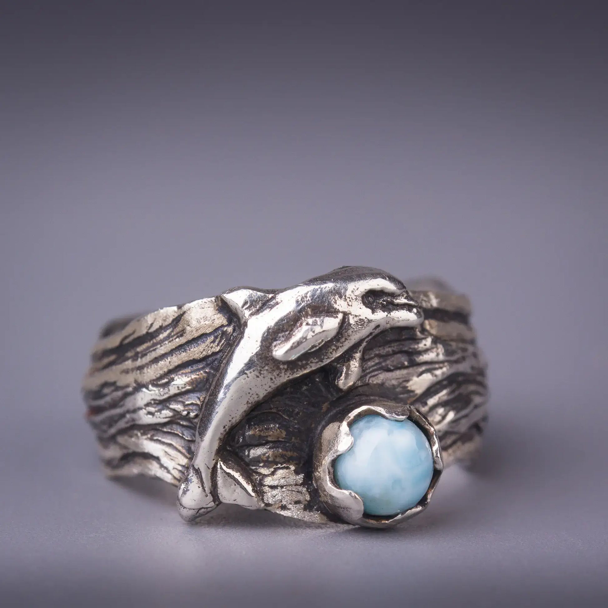 dolphin ring in silver with larimar gemstone