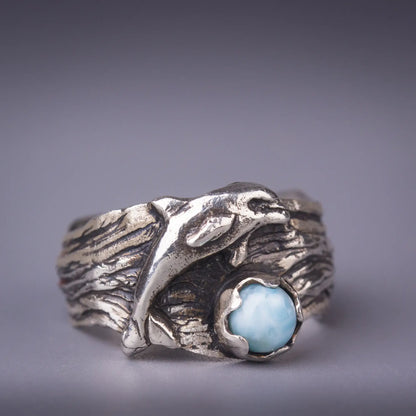 dolphin ring in silver with larimar gemstone