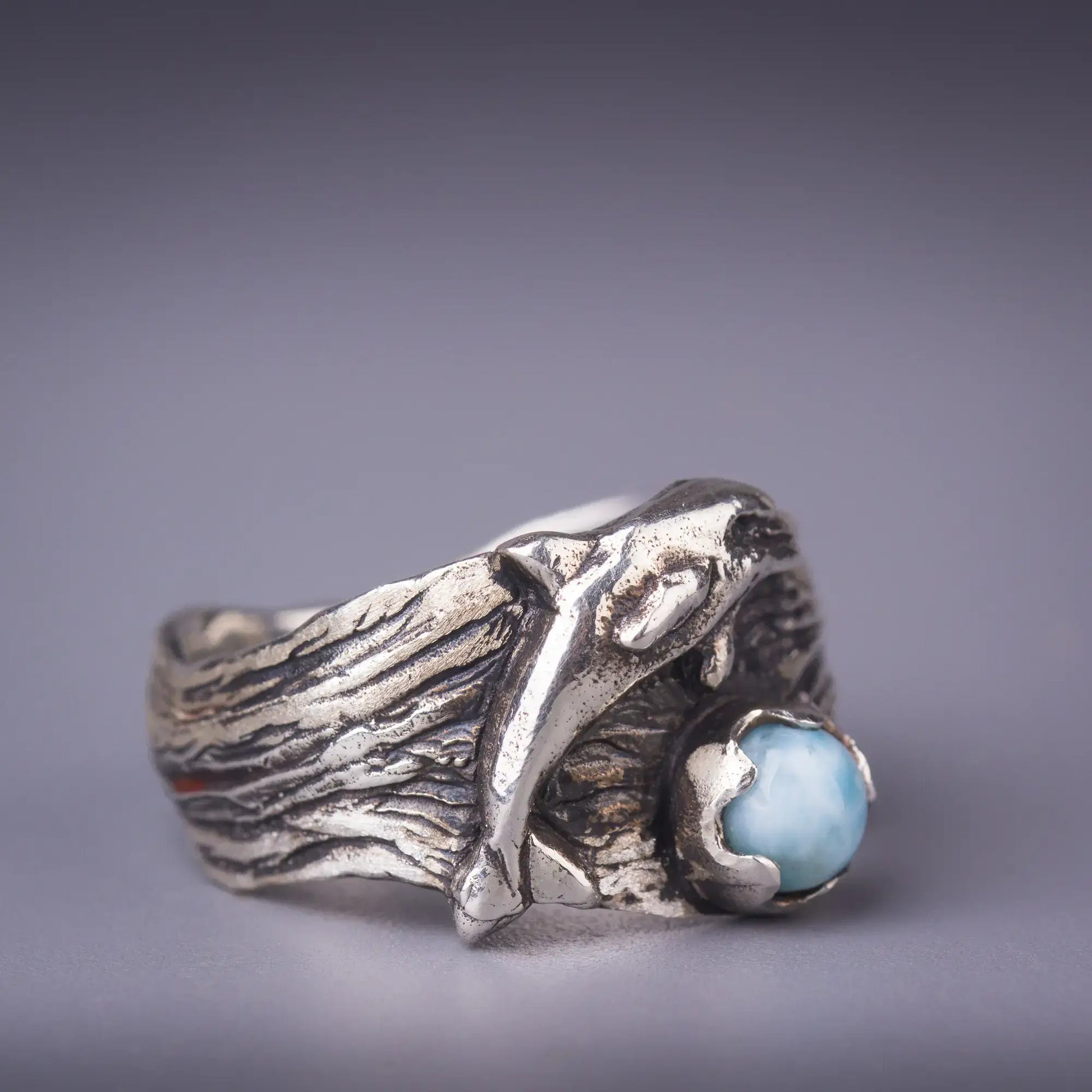 dolphin ring in silver with larimar gemstone