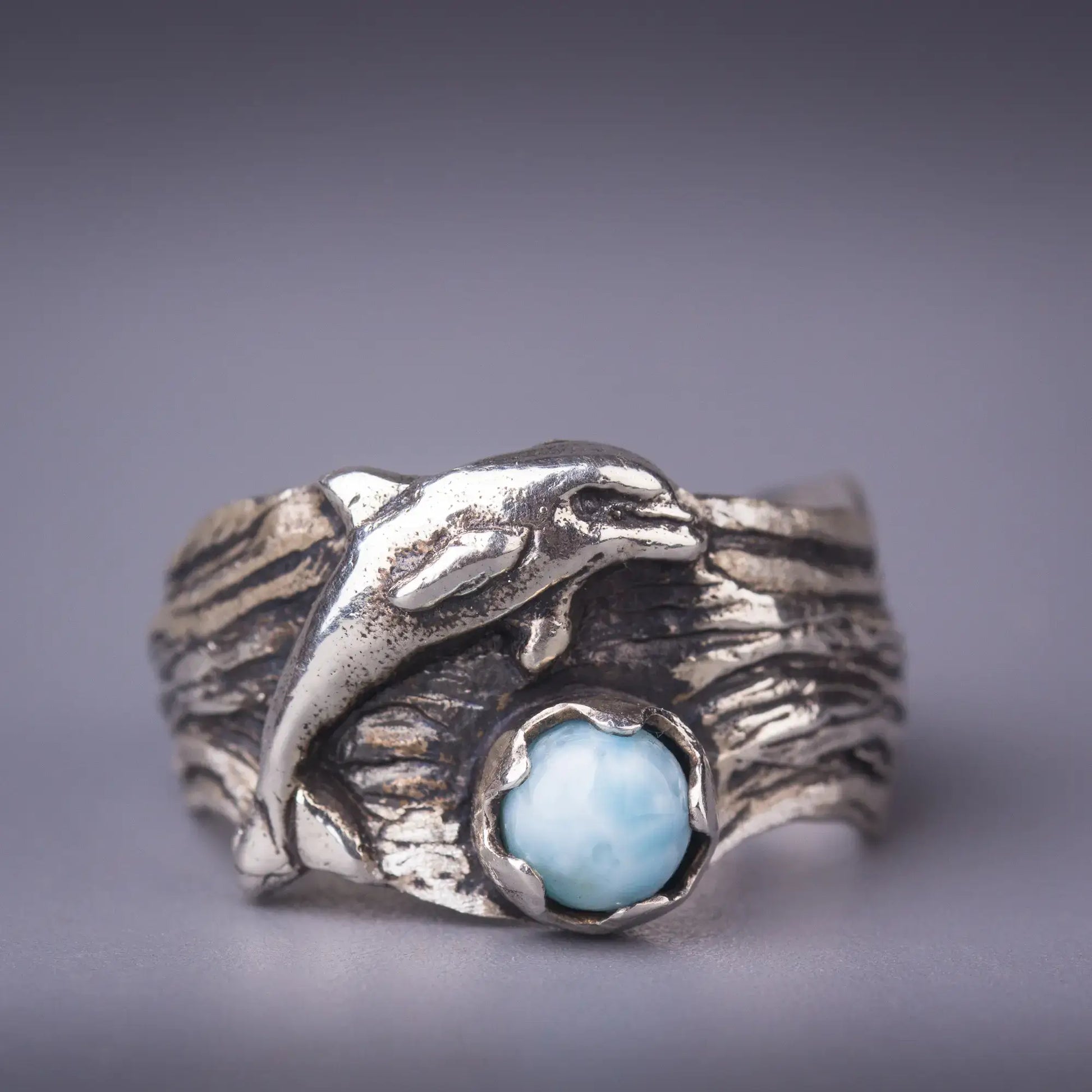 dolphin ring in silver with larimar gemstone