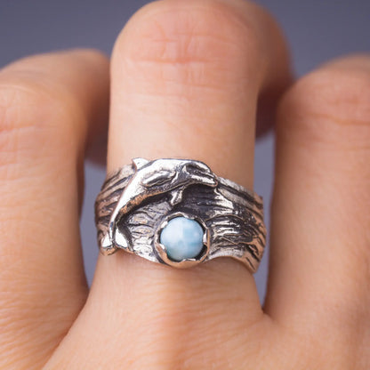 dolphin ring in silver with larimar gemstone