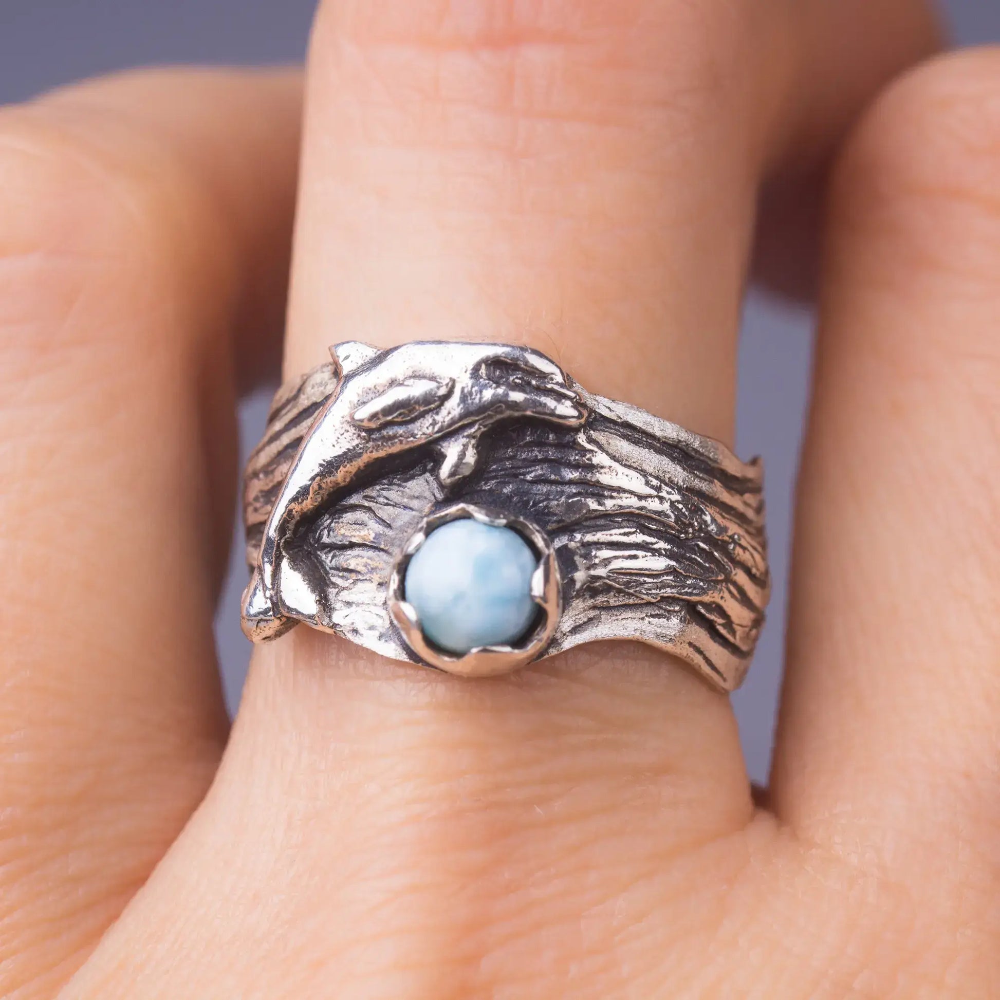 dolphin ring in silver with larimar gemstone