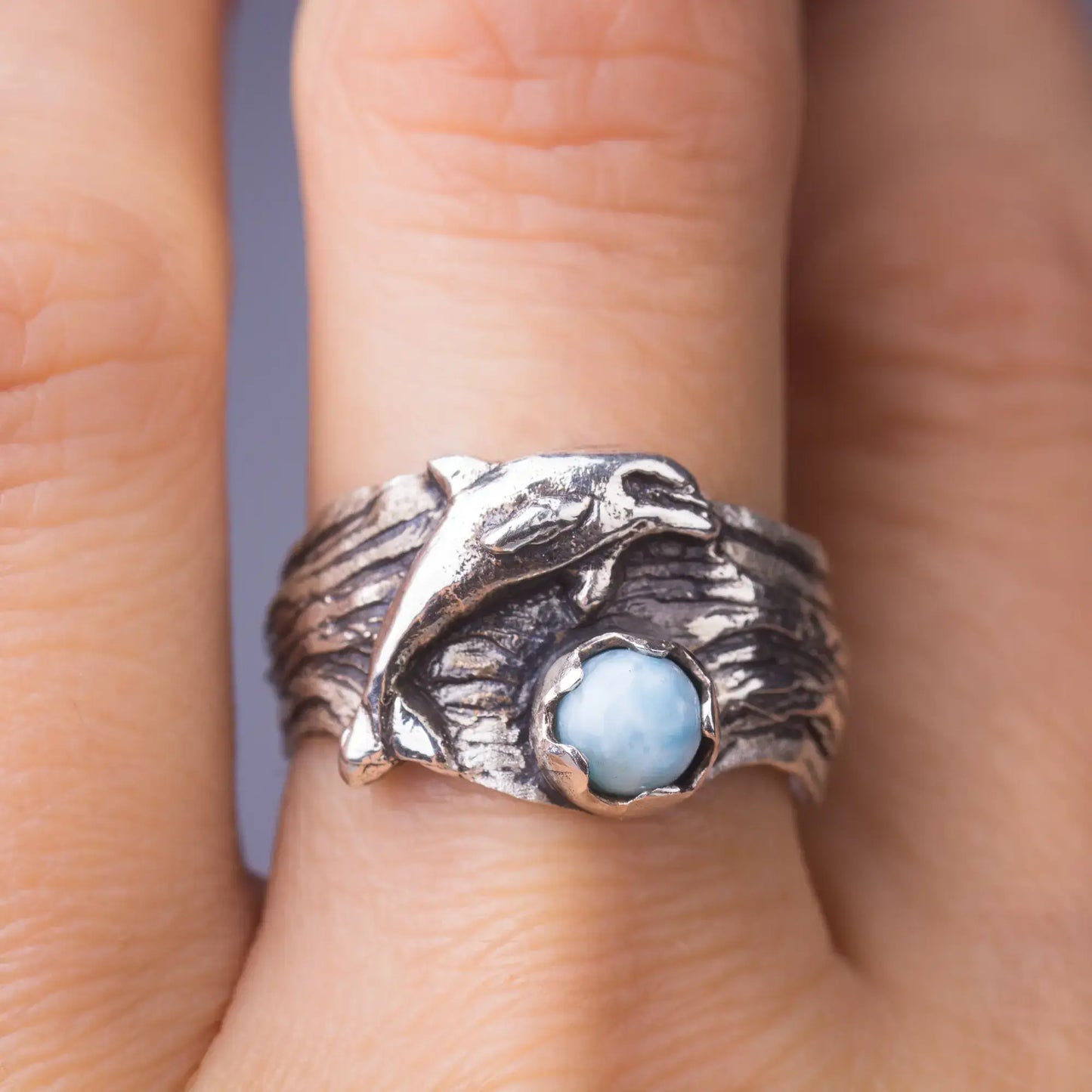 dolphin ring in silver with larimar gemstone