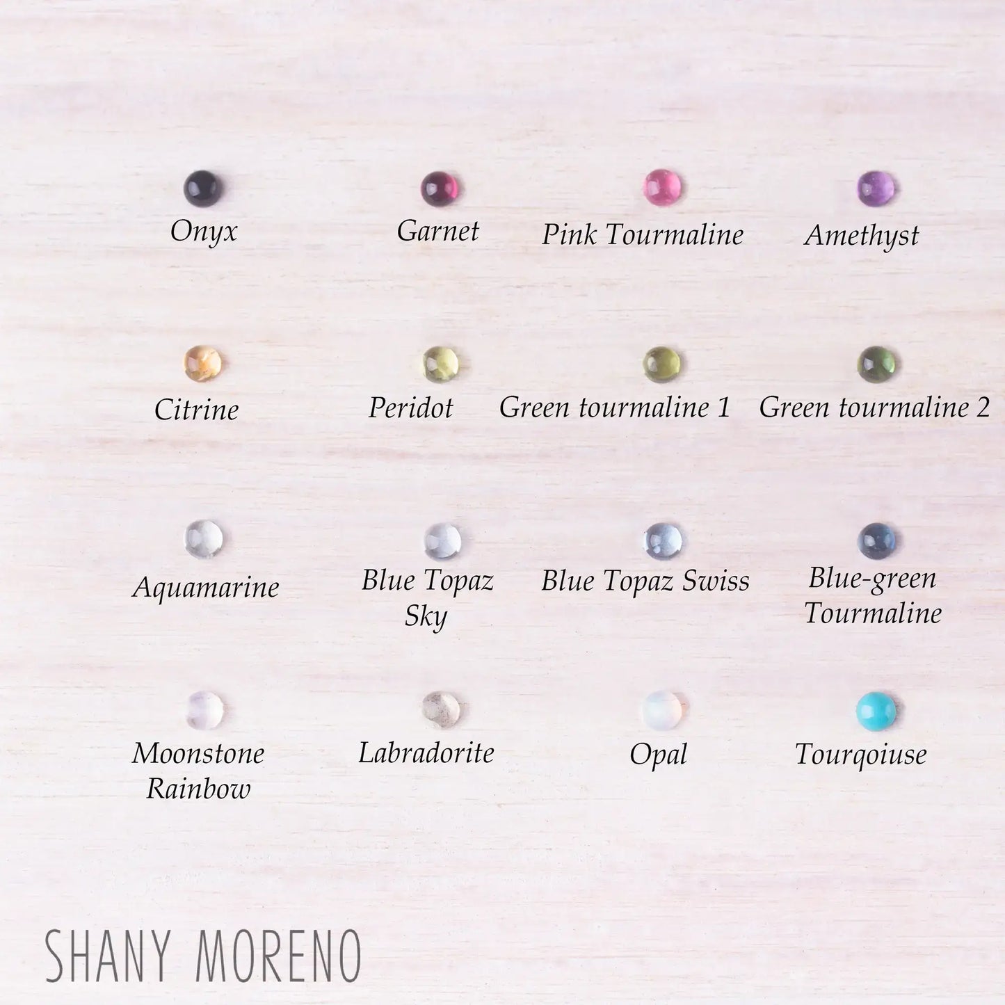 A selection of 16 gemstones labeled with their names including garnet, amethyst topaz and more.