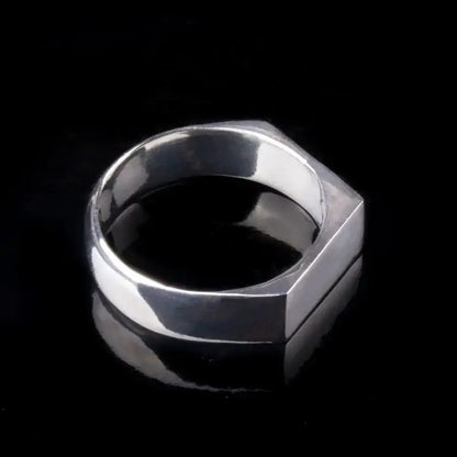 Geometric minimalist 14k white gold unisex house-shaped ring with rectangular top, handmade for statement elegance and durability.