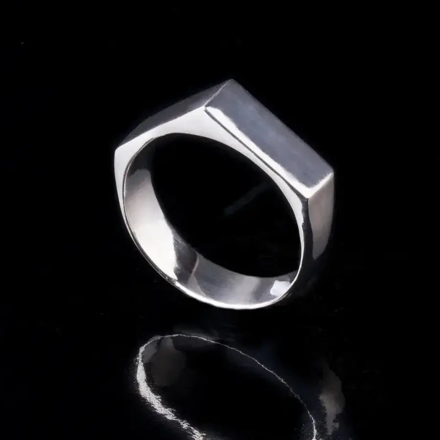 Geometric minimalist 14k white gold house ring with rectangular design, unisex abstract statement jewelry.