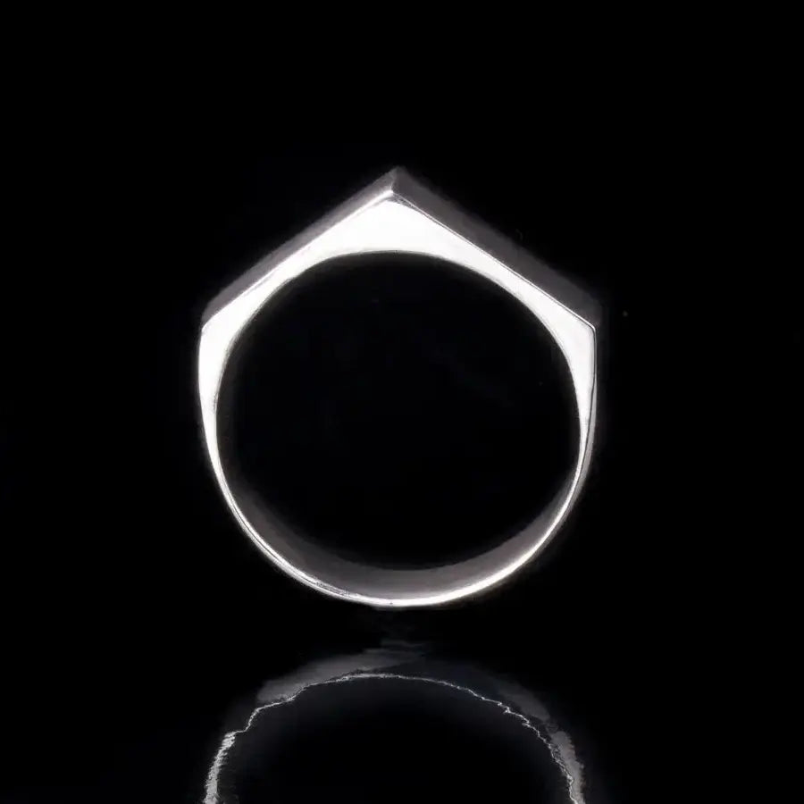 Geometric minimalist 14k white gold ring with house-shaped design, unisex abstract minimal ring on black background.