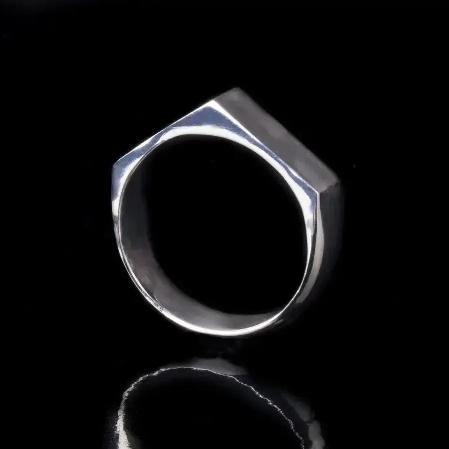 Geometric minimalist 14k white gold house-shaped ring with a unique rectangular top, unisex abstract statement jewelry.