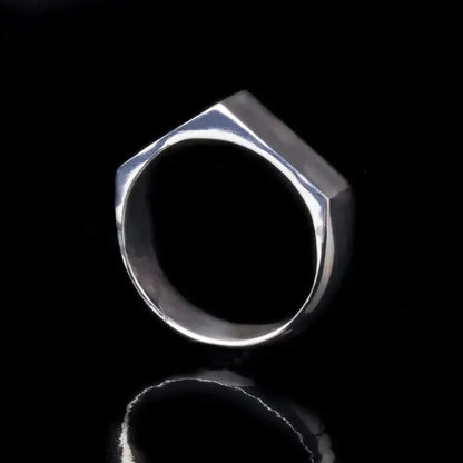 Geometric minimalist 14k white gold house-shaped ring with a unique rectangular top, unisex abstract statement jewelry.