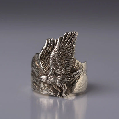 Hawk and Mountain Silver Ring, Wilderness Nature Jewelry, Bird Totem Unisex Ring