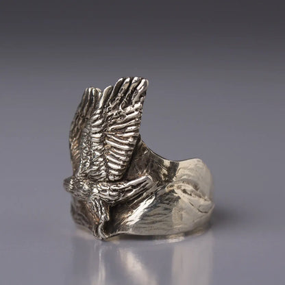 Hawk and Mountain Silver Ring, Wilderness Nature Jewelry, Bird Totem Unisex Ring