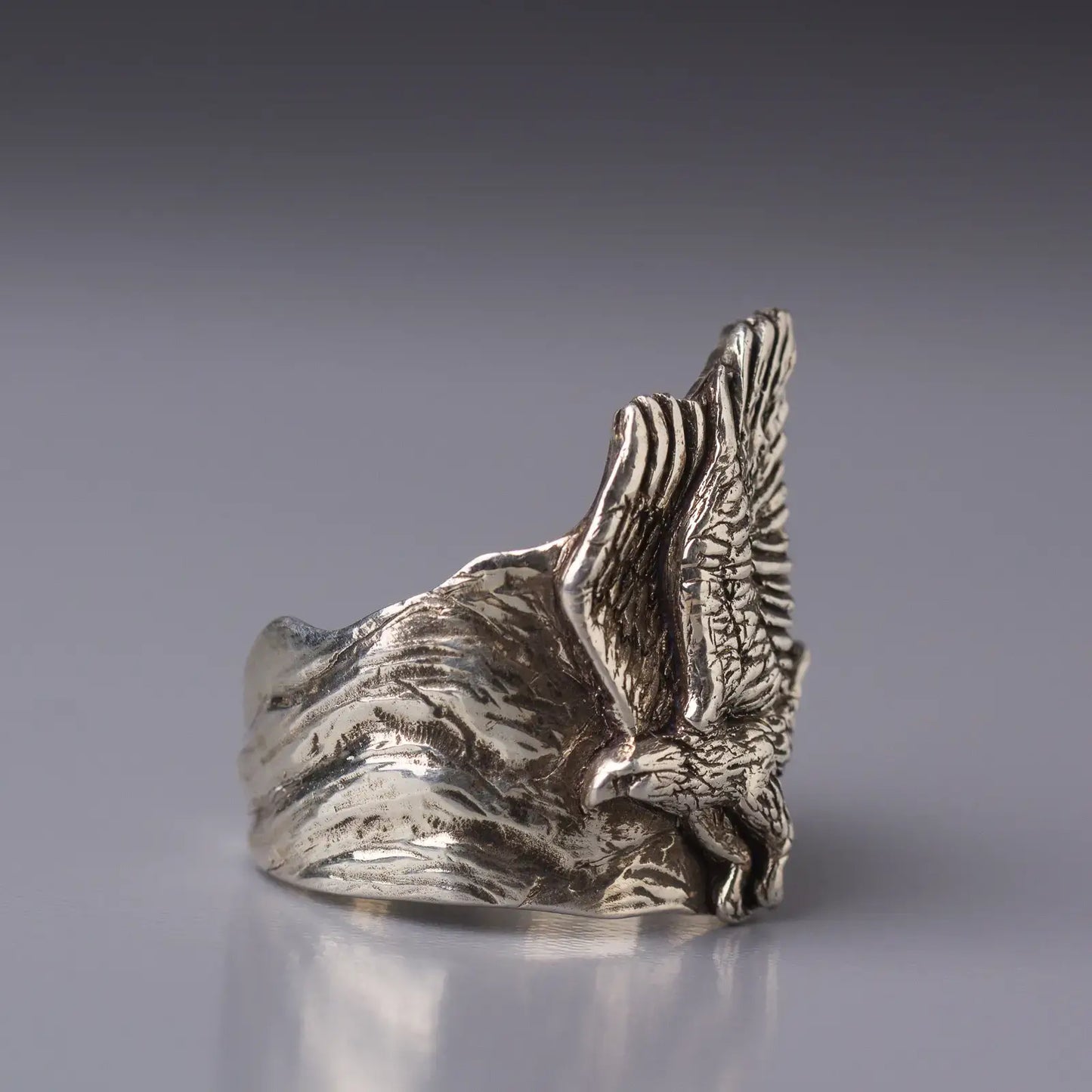 Hawk and Mountain Silver Ring, Wilderness Nature Jewelry, Bird Totem Unisex Ring