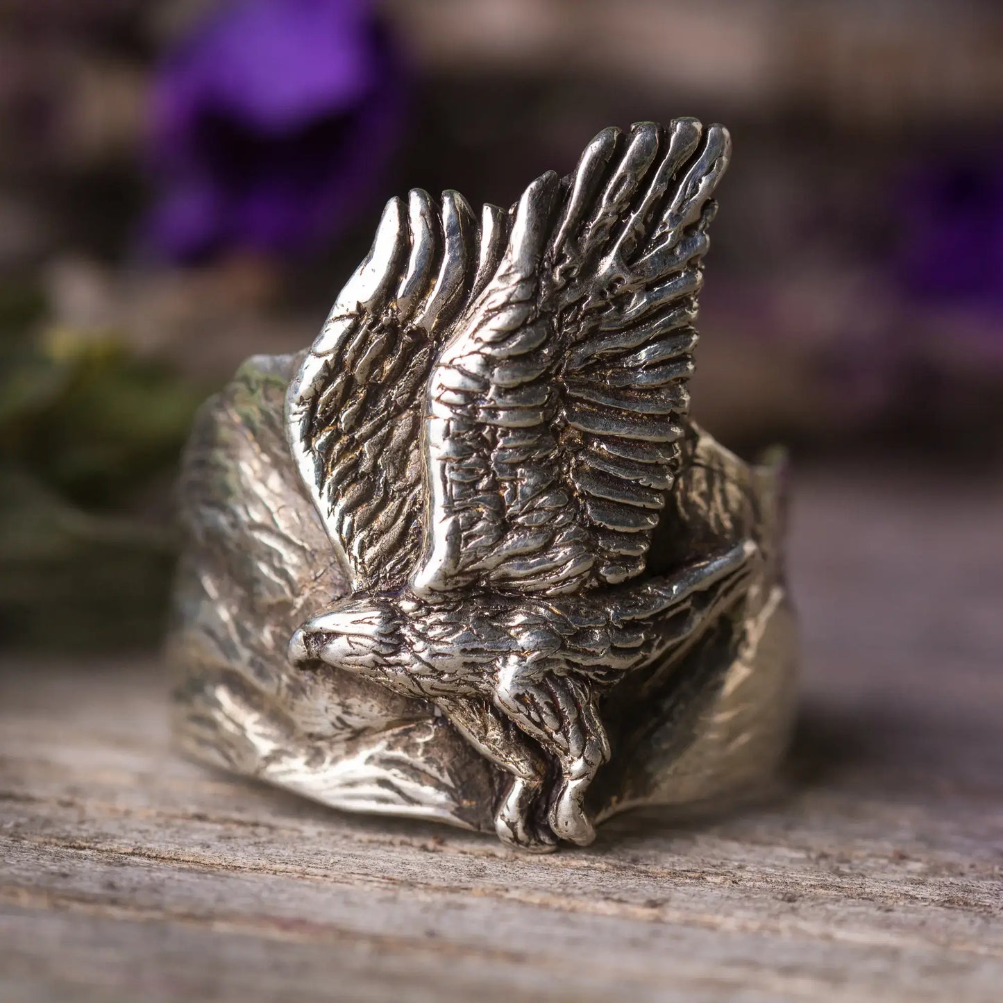 Hawk and Mountain Silver Ring, Wilderness Nature Jewelry, Bird Totem Unisex Ring