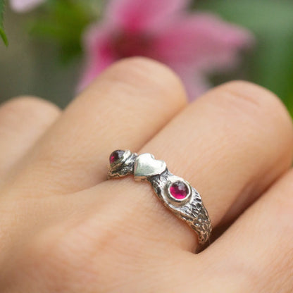 Cute Heart Ring in Silver and Garnet, Valentine Twig Ring