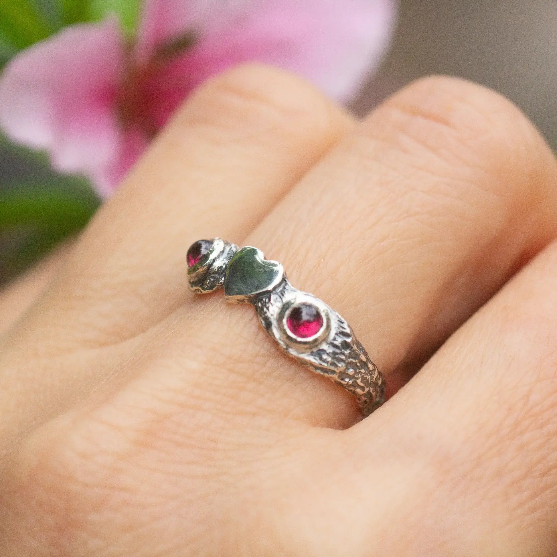 Heart Ring in Silver and Garnet, nature twig design, side view