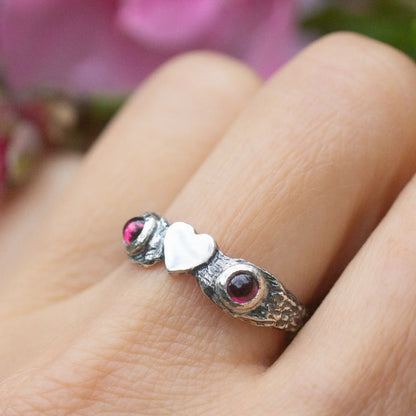 Cute Heart Ring in Silver and Garnet, Valentine Twig Ring