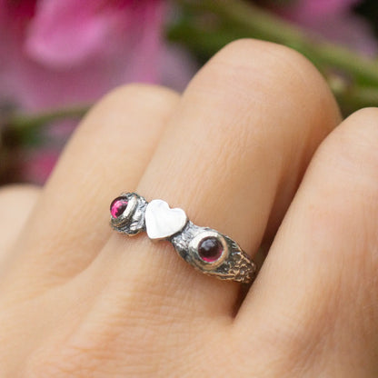 Cute Heart Ring in Silver and Garnet, Valentine Twig Ring