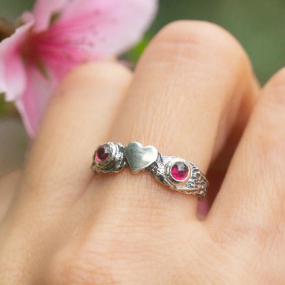 Cute Heart Ring in Silver and Garnet, Valentine Twig Ring