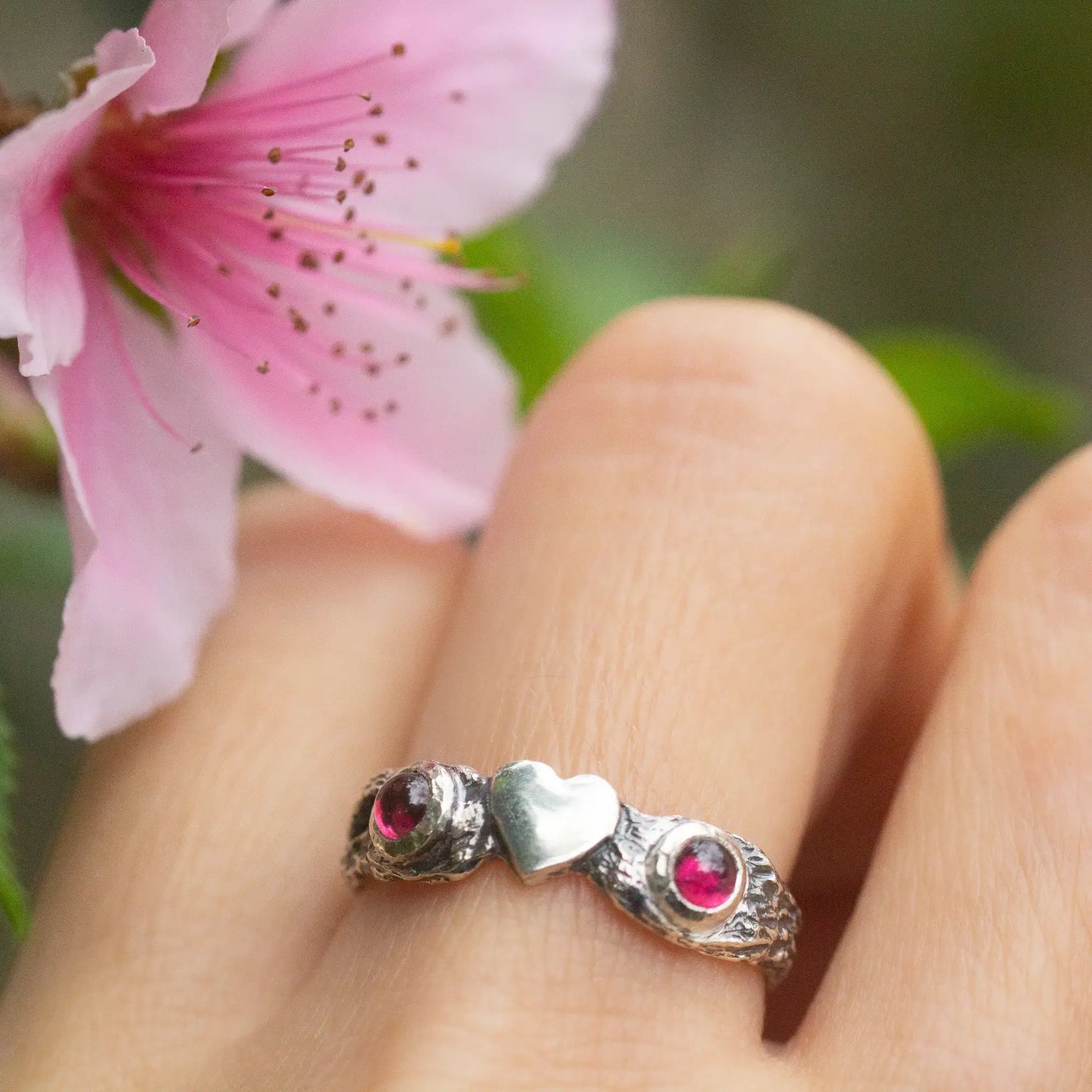 Cute Heart Ring in Silver and Garnet, Valentine Twig Ring