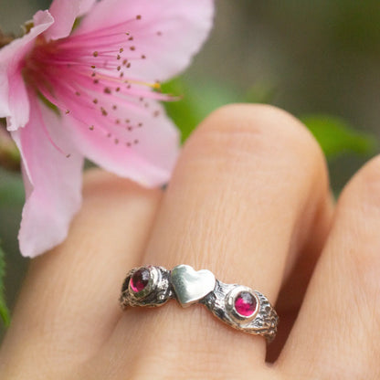 Cute Heart Ring in Silver and Garnet, Valentine Twig Ring