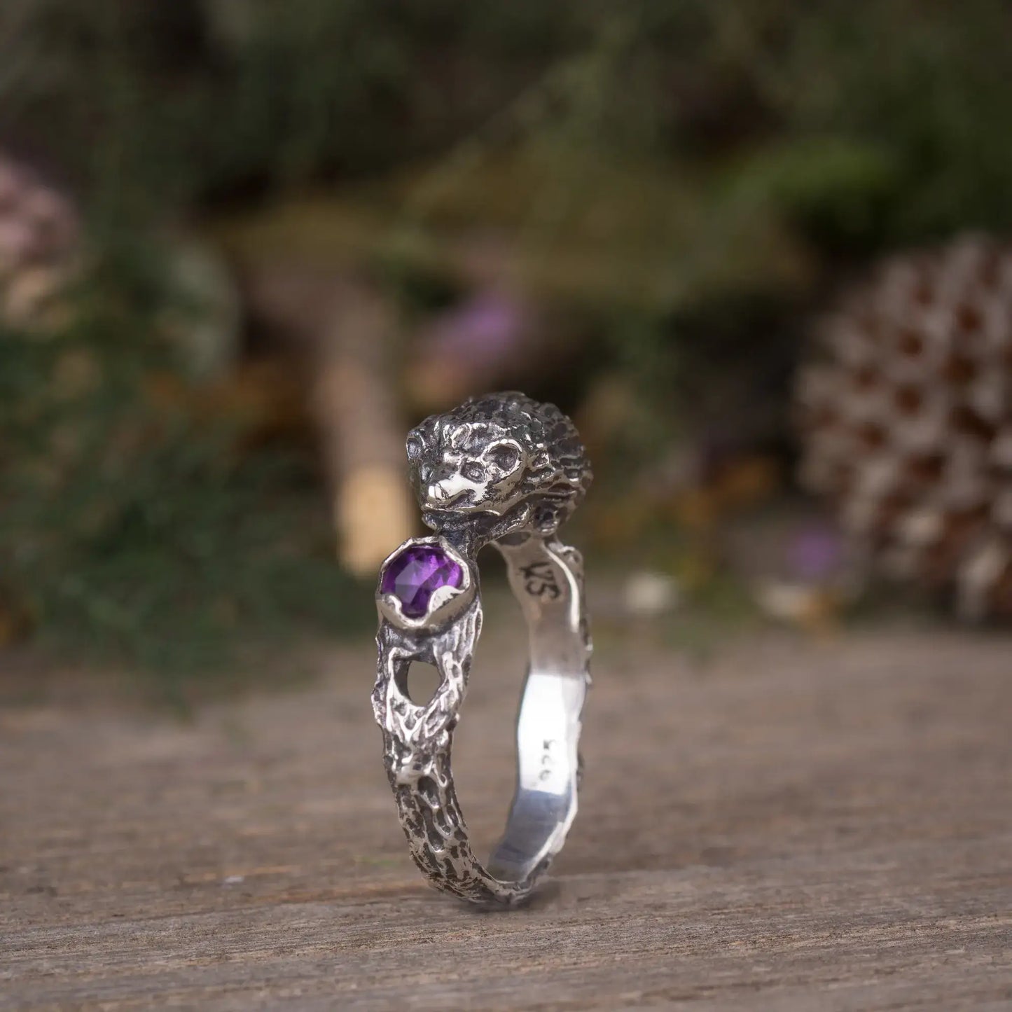 Sterling silver hedgehog ring with amethyst gemstone, handmade cute animal jewelry, 3D hedgehog design on rustic wooden surface