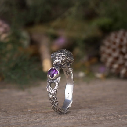 Sterling silver hedgehog ring with amethyst gemstone, handmade cute animal jewelry, 3D hedgehog design on rustic wooden surface