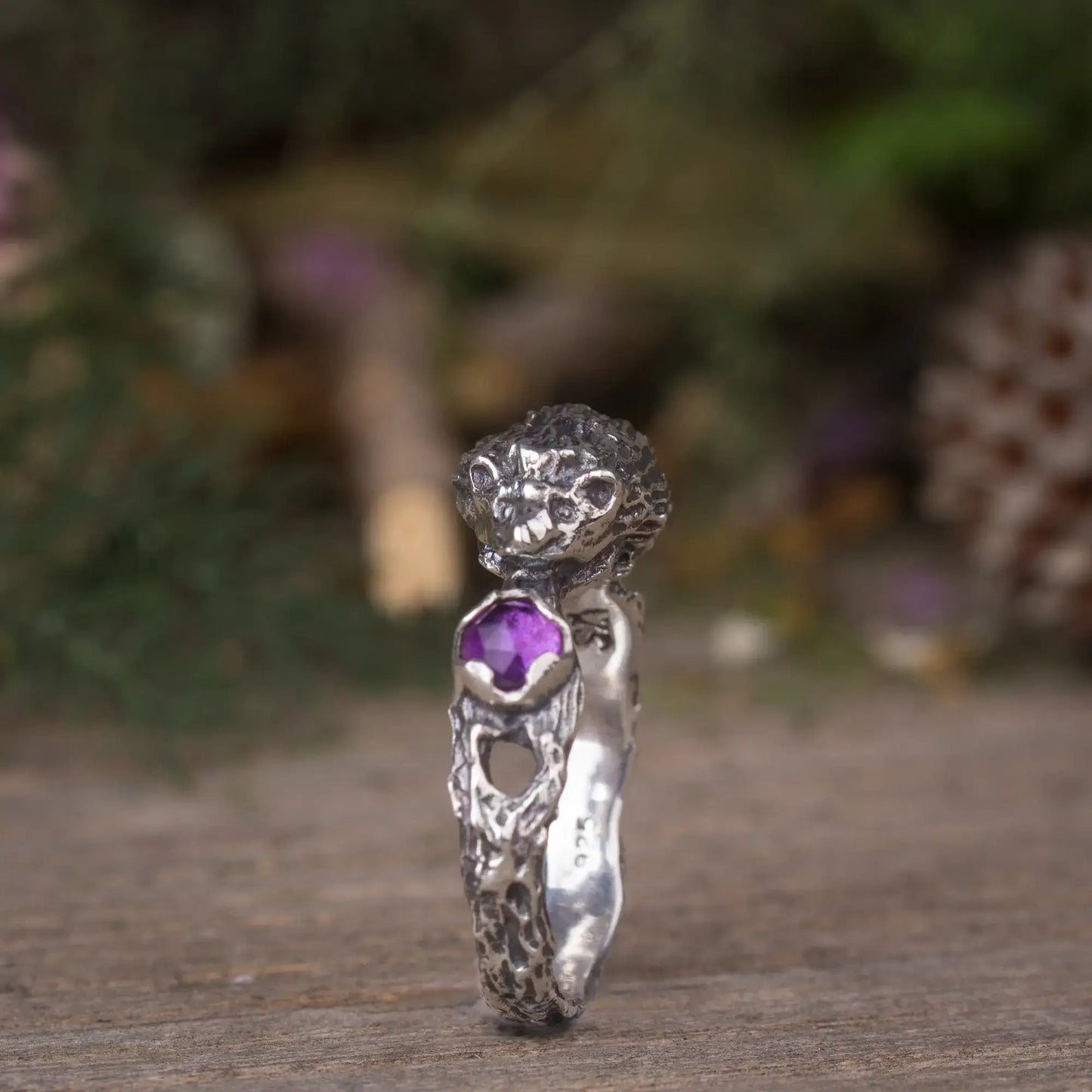 Sterling silver 3D hedgehog ring with amethyst gemstone, handmade cute animal jewelry, perfect hedgehog gift