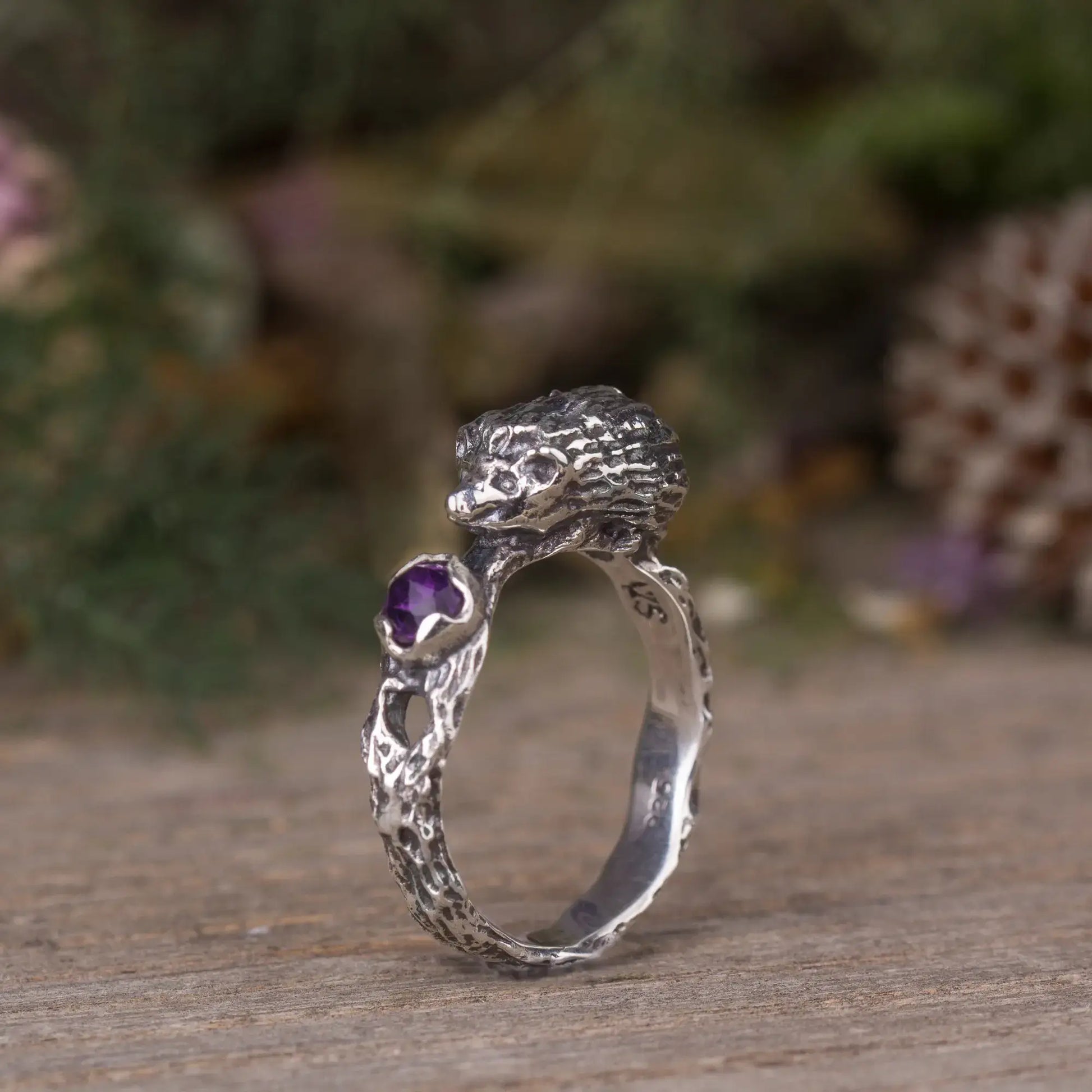 Sterling silver 3D hedgehog ring with amethyst gemstone, cute animal jewelry, handmade design.