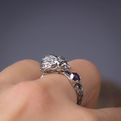 Sterling silver hedgehog ring with amethyst gemstone, cute animal jewelry, 3D hedgehog design, handmade ring on finger.