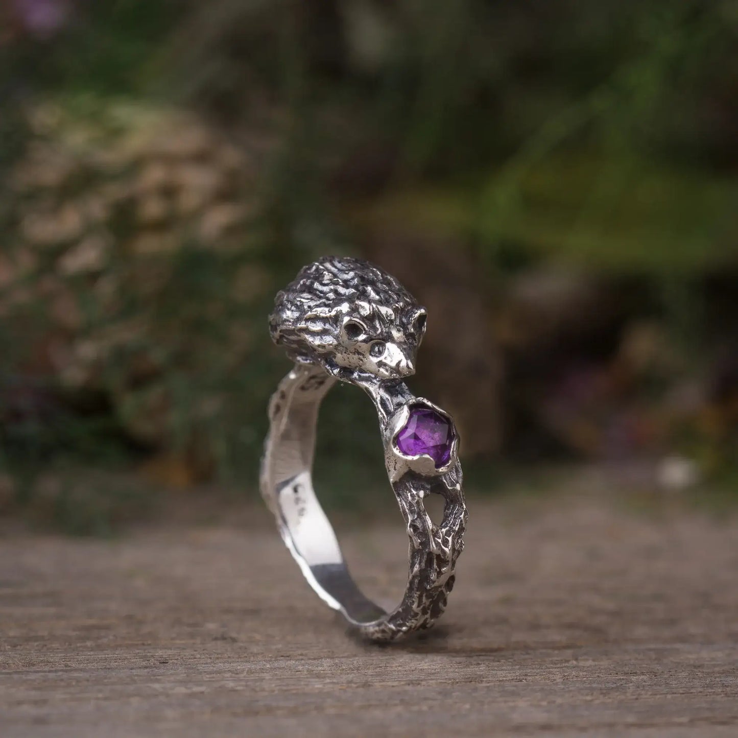 Sterling silver hedgehog ring with amethyst gemstone, cute 3D animal design, handmade and personalized.