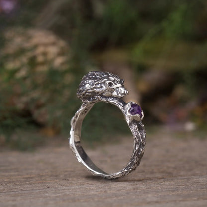 Sterling silver hedgehog ring with amethyst gemstone, handmade cute animal jewelry, 3d hedgehog design