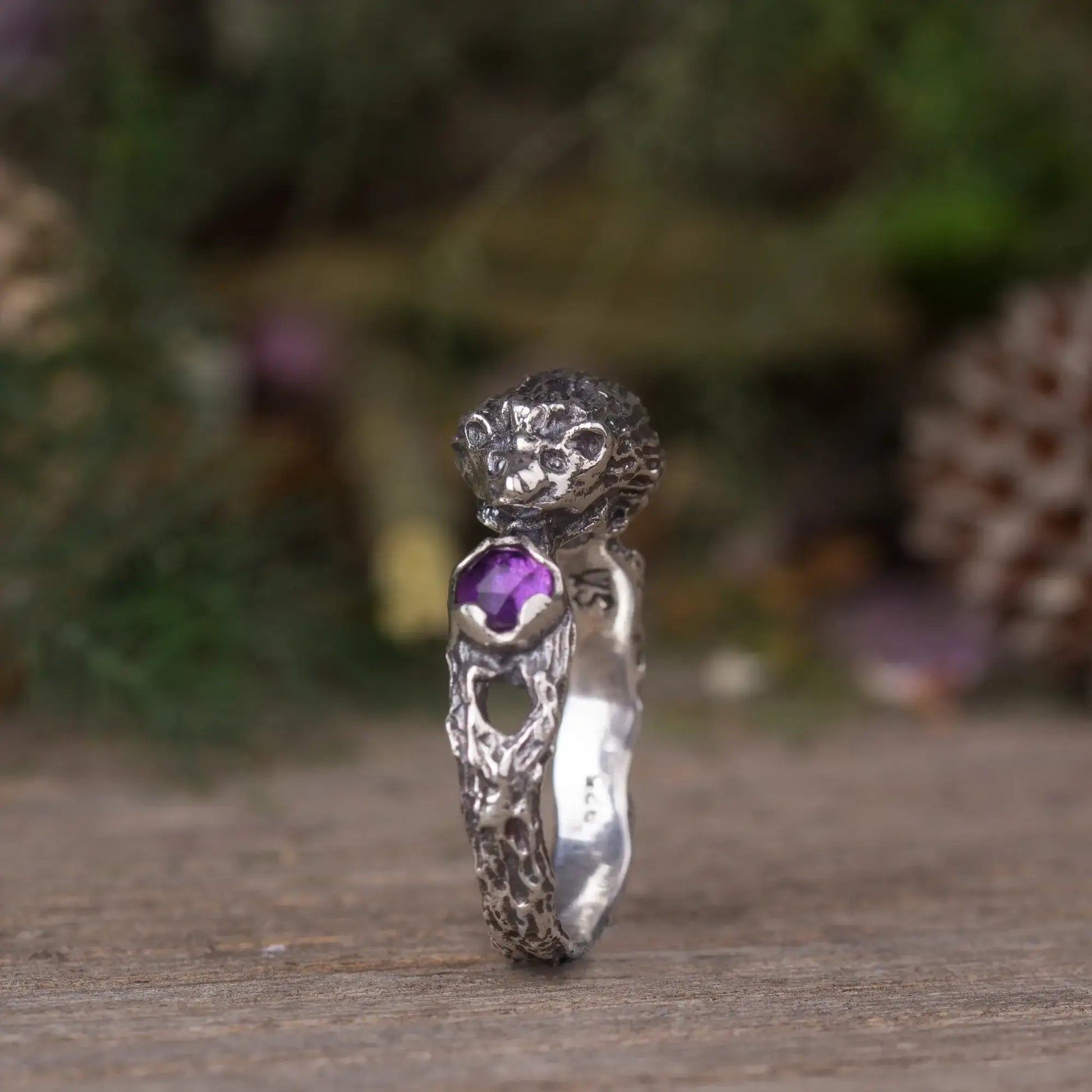 Sterling silver hedgehog ring with amethyst gemstone, handmade 3D cute animal jewelry.