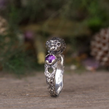 Sterling silver hedgehog ring with amethyst gemstone, handmade 3D cute animal jewelry.