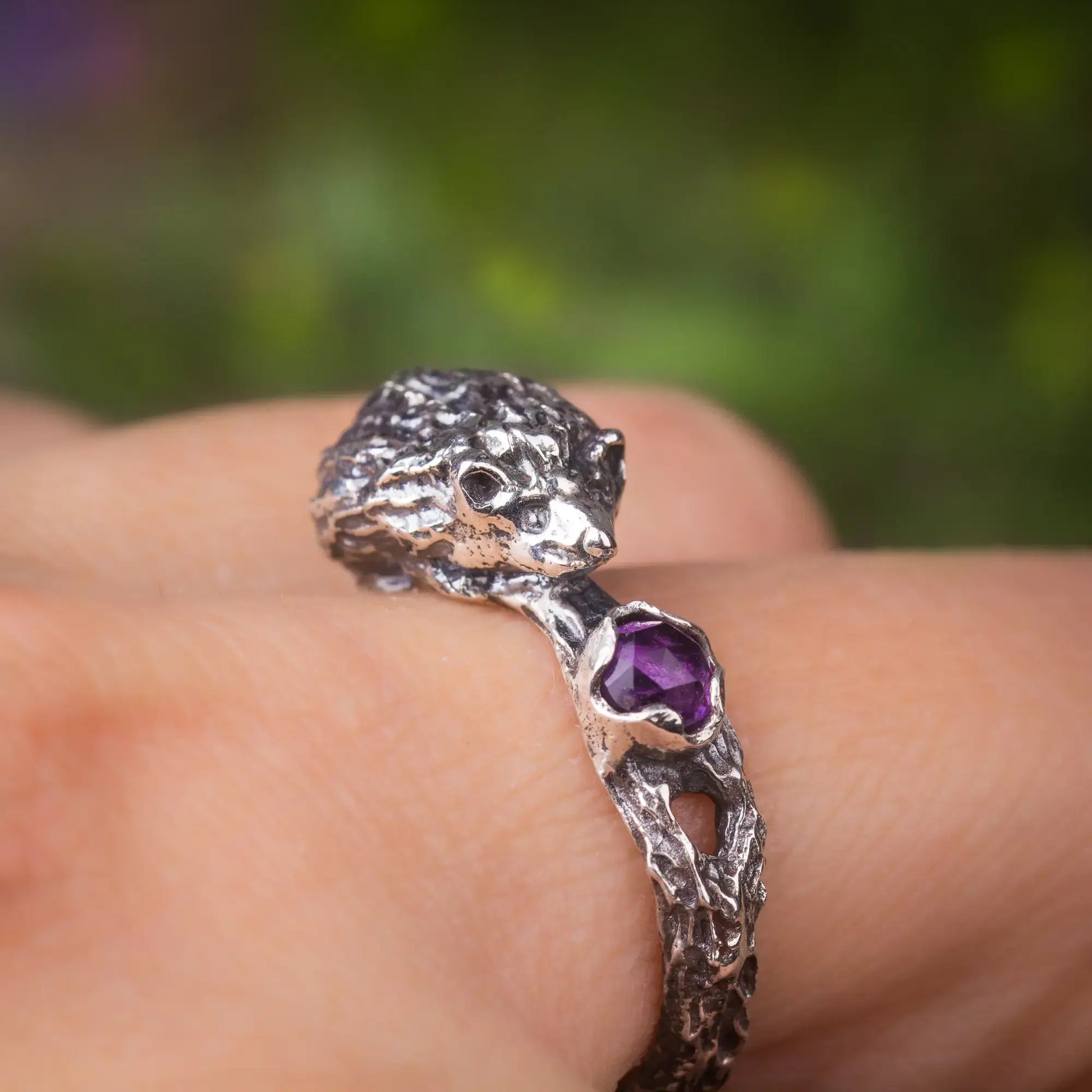 Hedgehog ring, handcrafted in sterling silver with amethyst gemstone, cute animal jewelry, handmade 3D design on finger