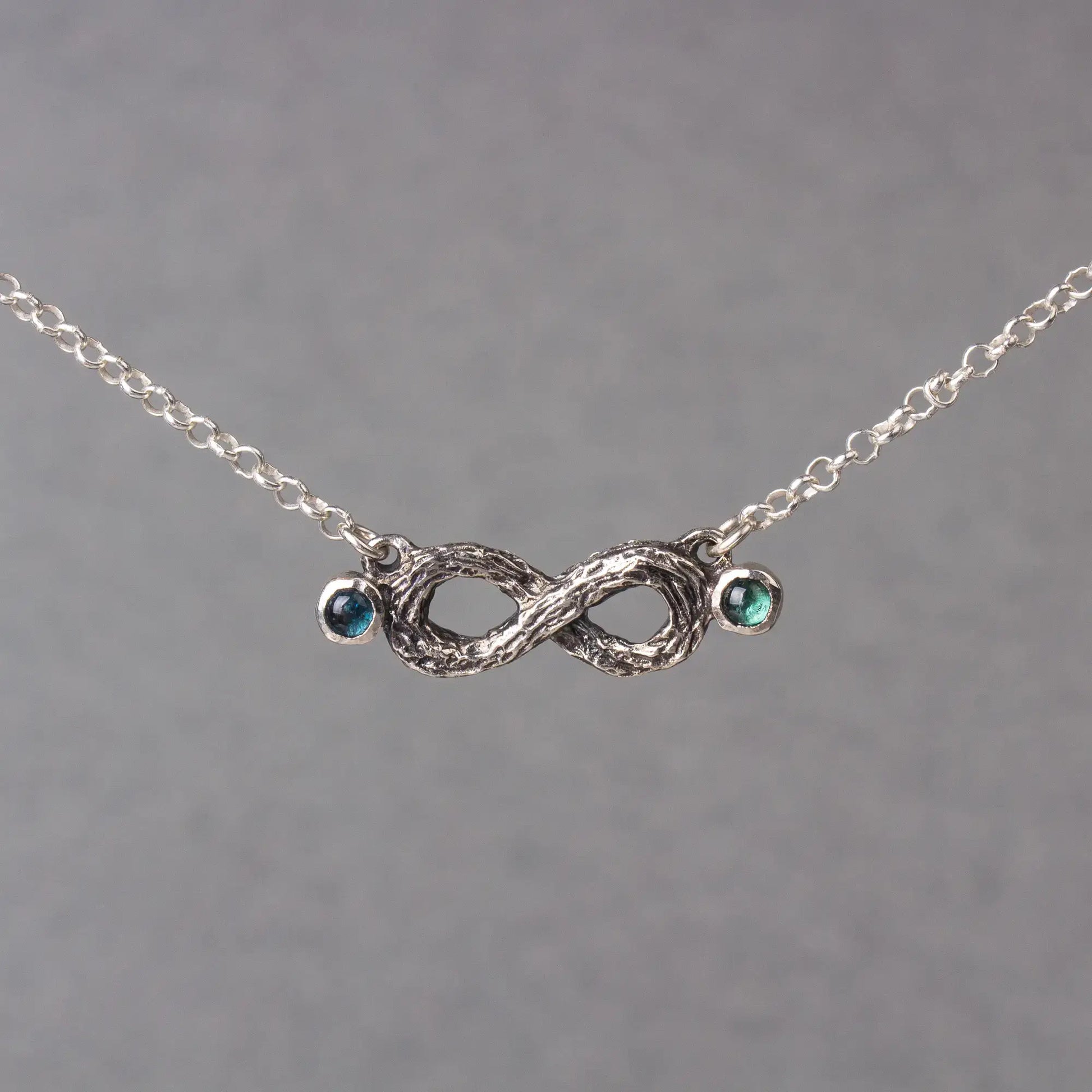 Infinity Twig Silver Pendant necklace with Green Blue Tourmaline, Silver Branch Pendant