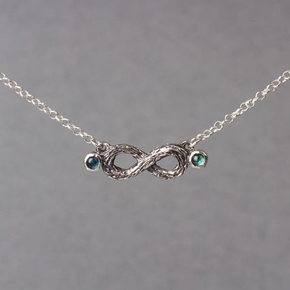 Infinity Twig Silver Pendant necklace with Green Blue Tourmaline, Silver Branch Pendant