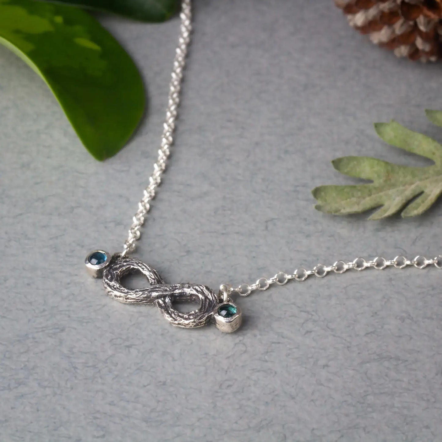 Infinity Twig Silver Pendant necklace with Green Blue Tourmaline, Silver Branch Pendant