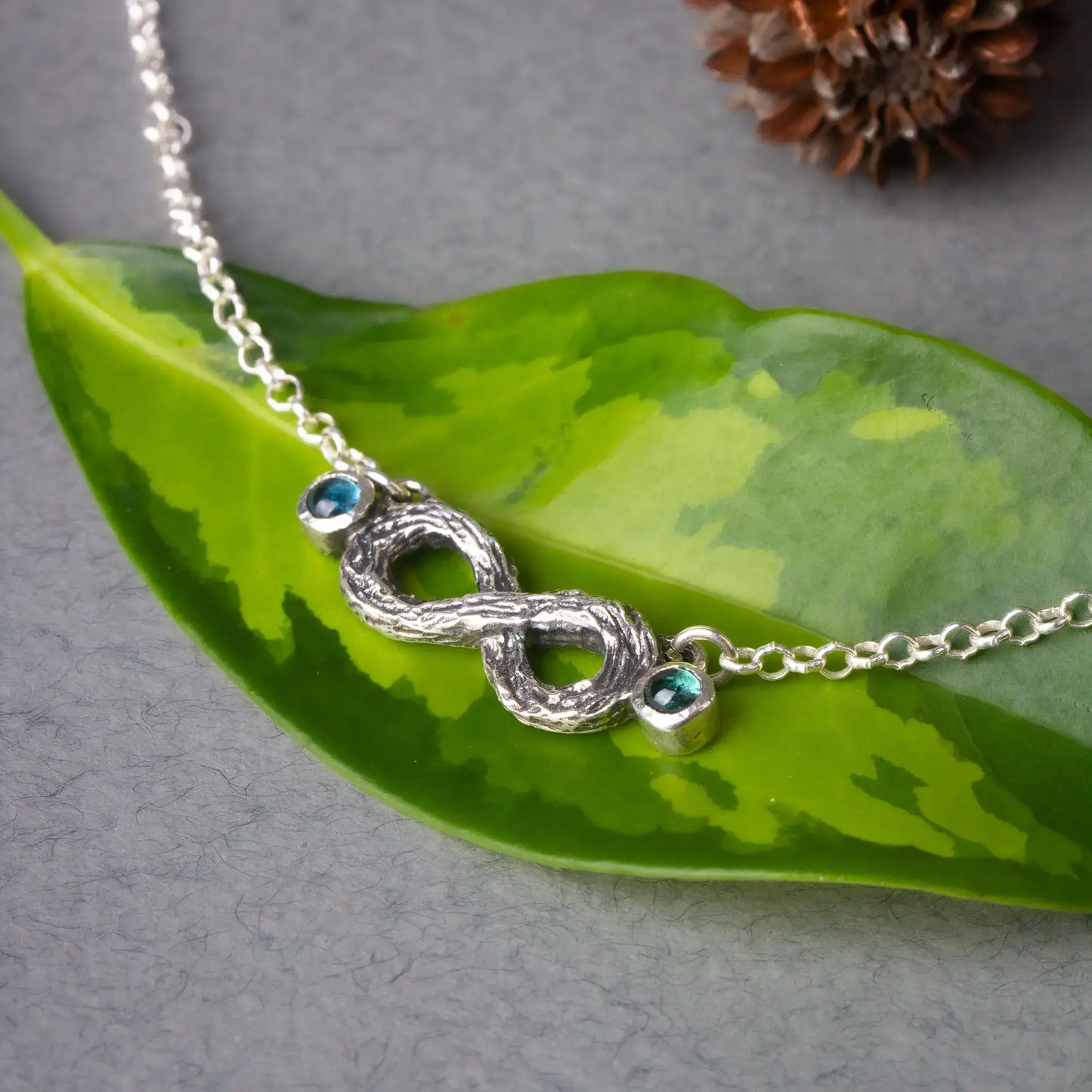 Infinity Twig Silver Pendant necklace with Green Blue Tourmaline, Silver Branch Pendant and silver necklace