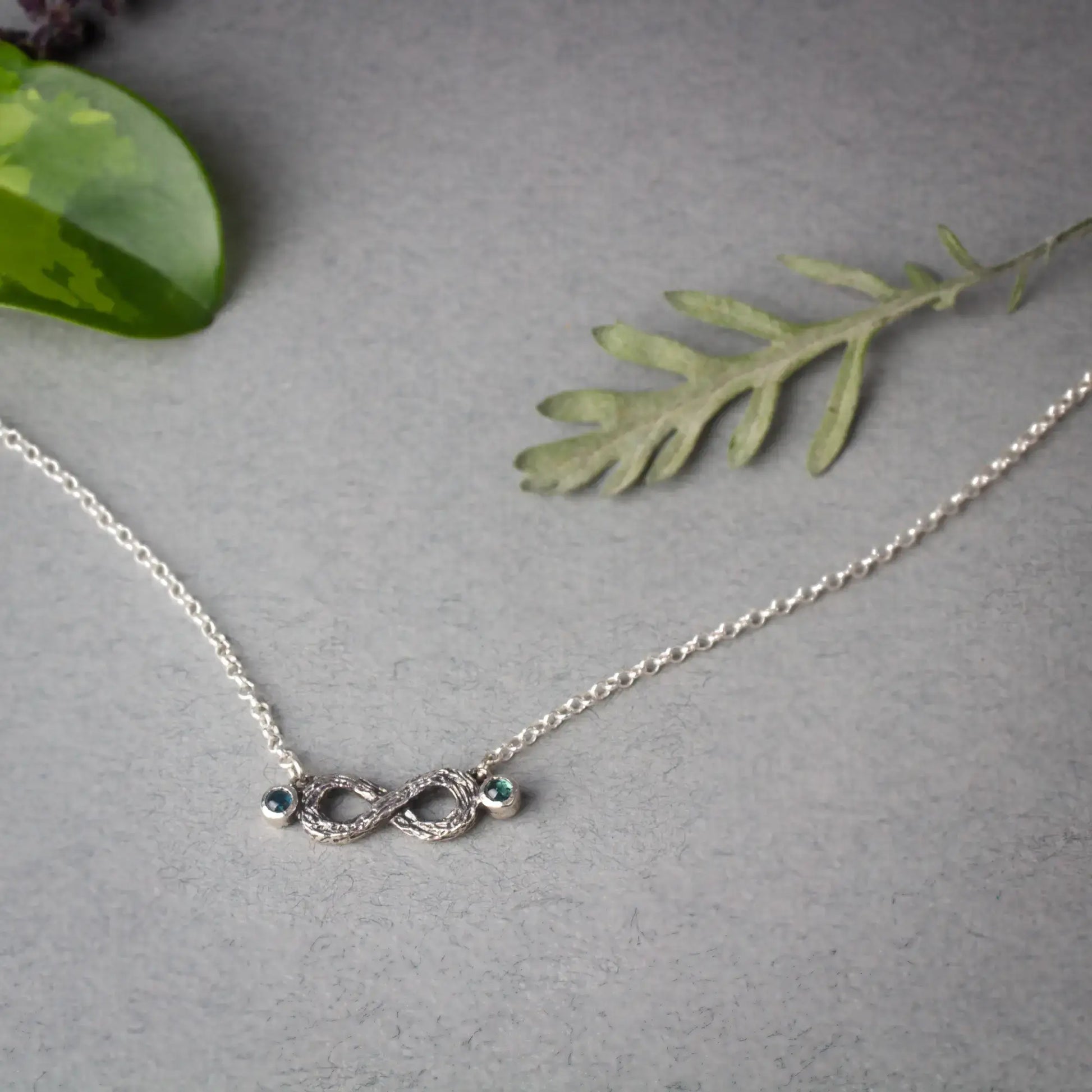 Infinity Twig Silver Pendant necklace with Green Blue Tourmaline, Silver Branch Pendant