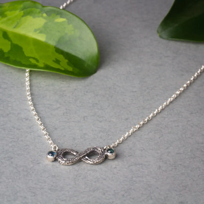 Infinity Twig Silver Pendant necklace with Green Blue Tourmaline, Silver necklace